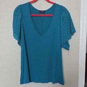 Lane Bryant Teal V-Neck Knit Top with Crochet Flutter Sleeves
